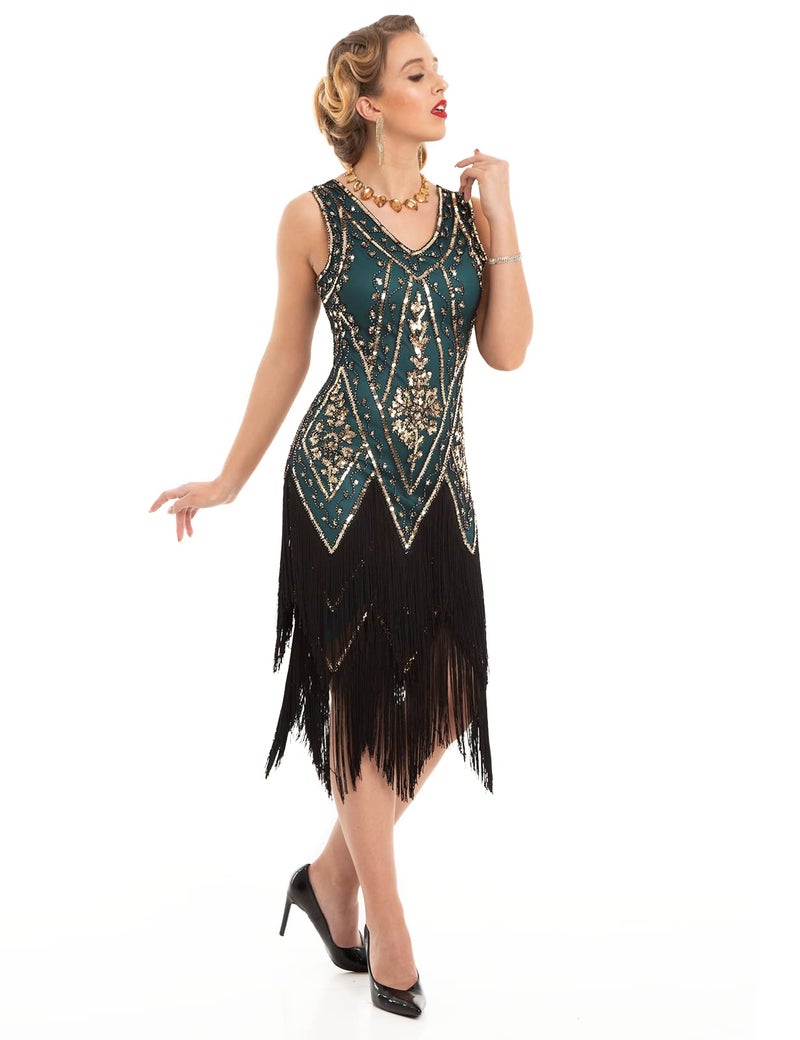 PrettyGuide Women's Roaring 20s Dress Vintage Swing Fringed Flapper Dress with 20s Accessories Set Gold Malachite Green S - Image 3